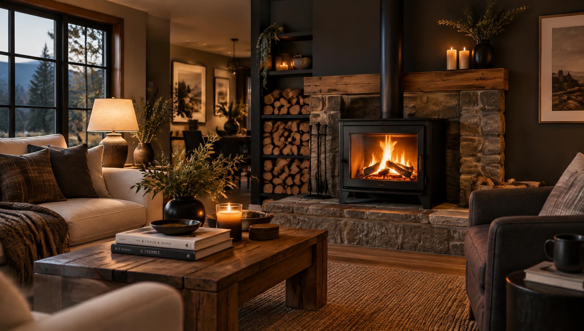 A wood-burning stove with a crackling fire in a warm, inviting living room